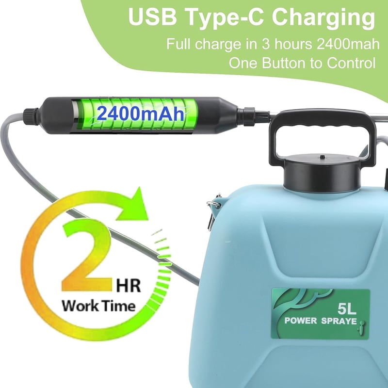 TVWVT 5L Elektromos Permetezőgép USB Töltéses 3 Fúvóka Zöld