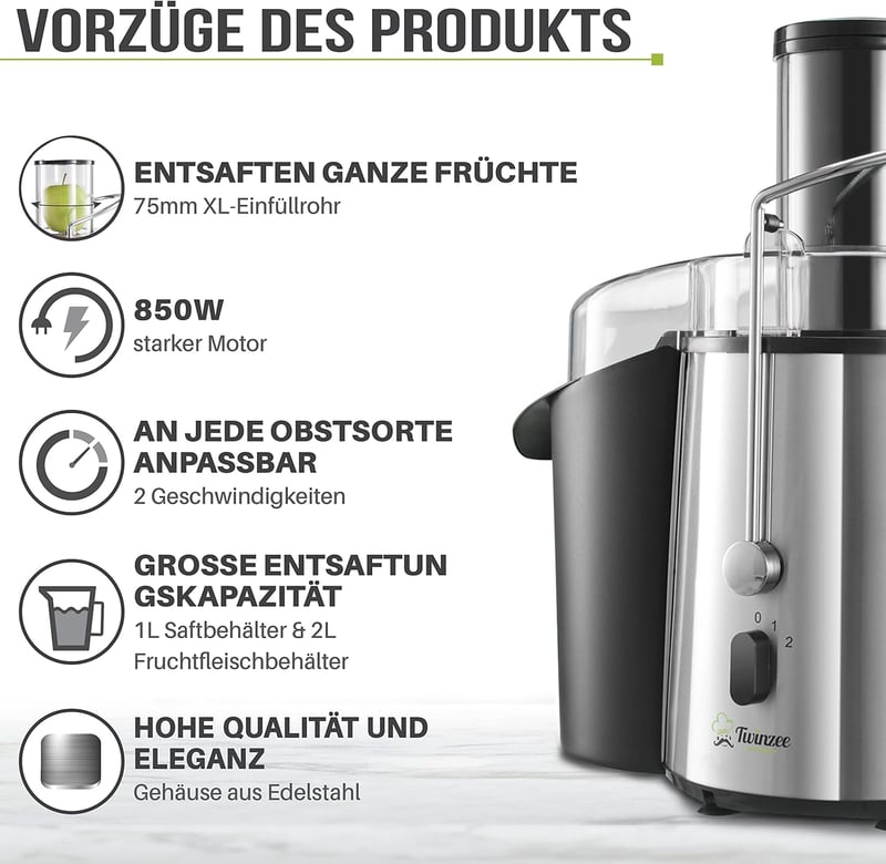 Twinzee 850W Centrifugális Gyümölcs és Zöldség Préselt Elektromos Gyümölcsprés