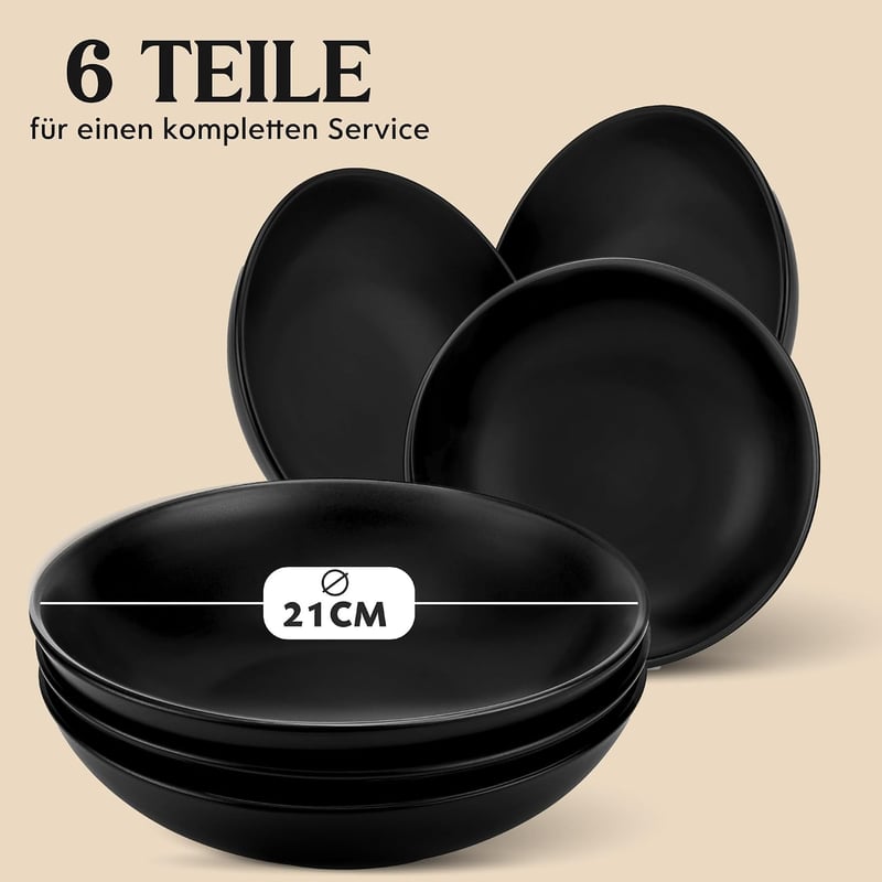 Twinzee Fekete kőedény tálkészlet 6 db mélytányér, mikró- és mosogatógépálló asztali edénykészlet