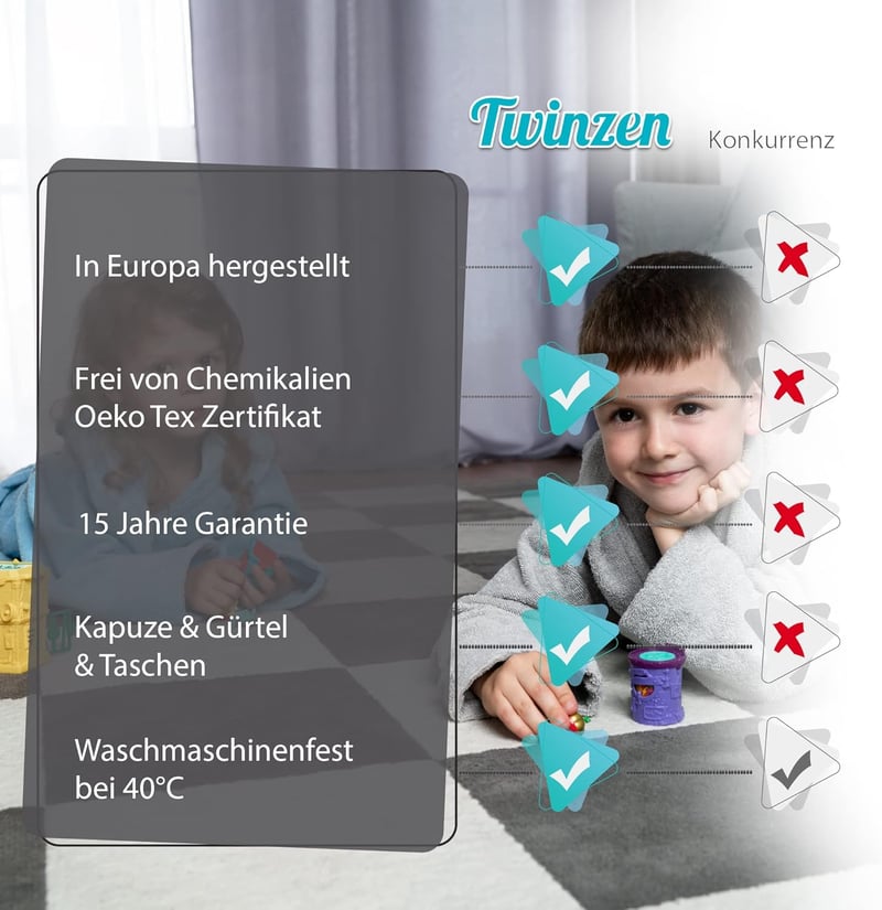Twinzen gyerek fürdőköpeny 100% pamut, Oeko-Tex® certified, kapucni fülekkel