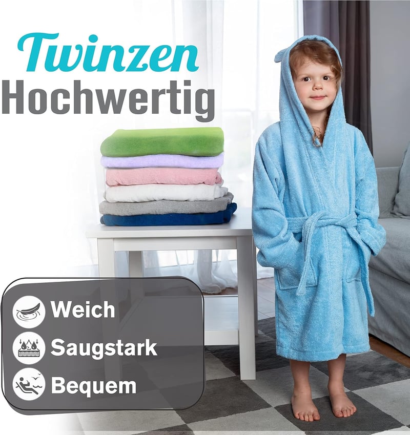 Twinzen gyerek fürdőköpeny 100% pamut, Oeko-Tex® certified, kapucni fülekkel