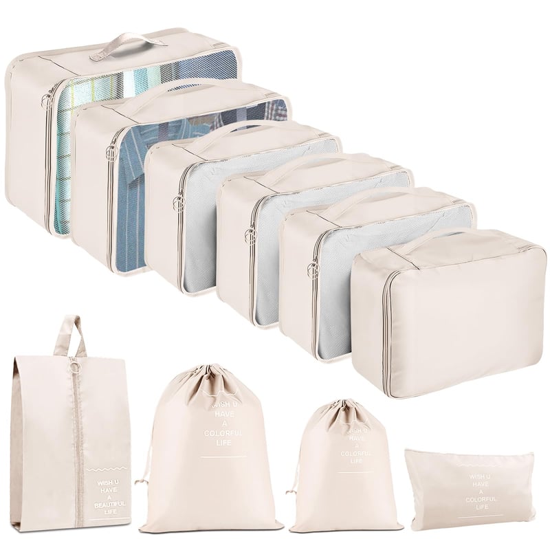 TXBOBECO Set organizatora za kofere od 10 dijelova, Packing Cubes putni set za pohranu, bež
