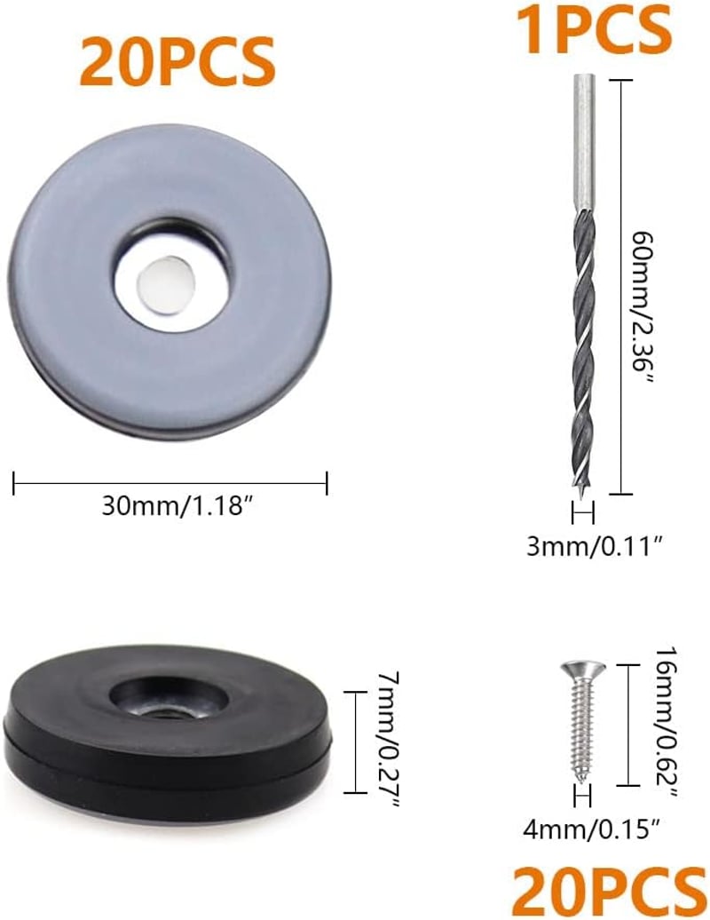 TXErfolg Teflon Bútorcsúsztatók - 20 db Kerek Fekete Padlóvédő (30mm) Rozsdamentes Csavarokkal és Fúróval - Bútorlábvédő Laminált, Fa, Csemp