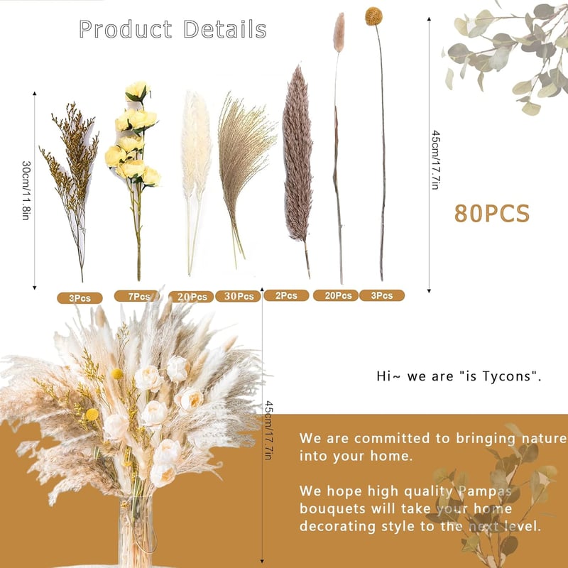 Tycons Pampas Grass 80 db Száraz Virág Dekoráció Boho Stílusú Lakáshoz