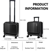 TydeCkare 16 hüvelykes kézipoggyász 2 laptop rekesszel, fekete bőrönd 3