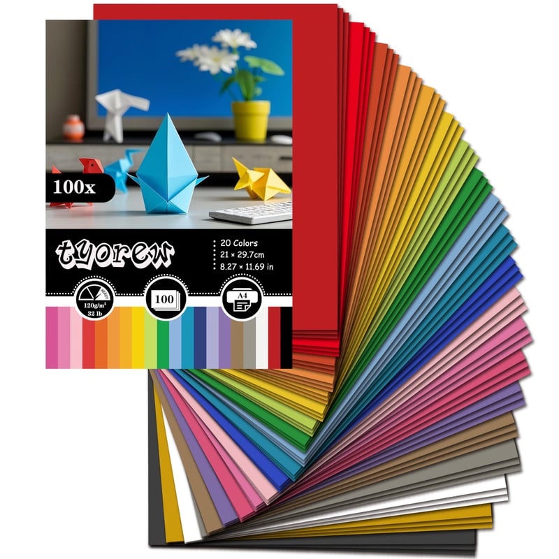 TYOREW Farebný papier A4 100 listov 20 farieb 120 g/m² Sada papiera na origami, scrapbooking, kreatívne tvorenie, DIY projekty a kancelársku tlač