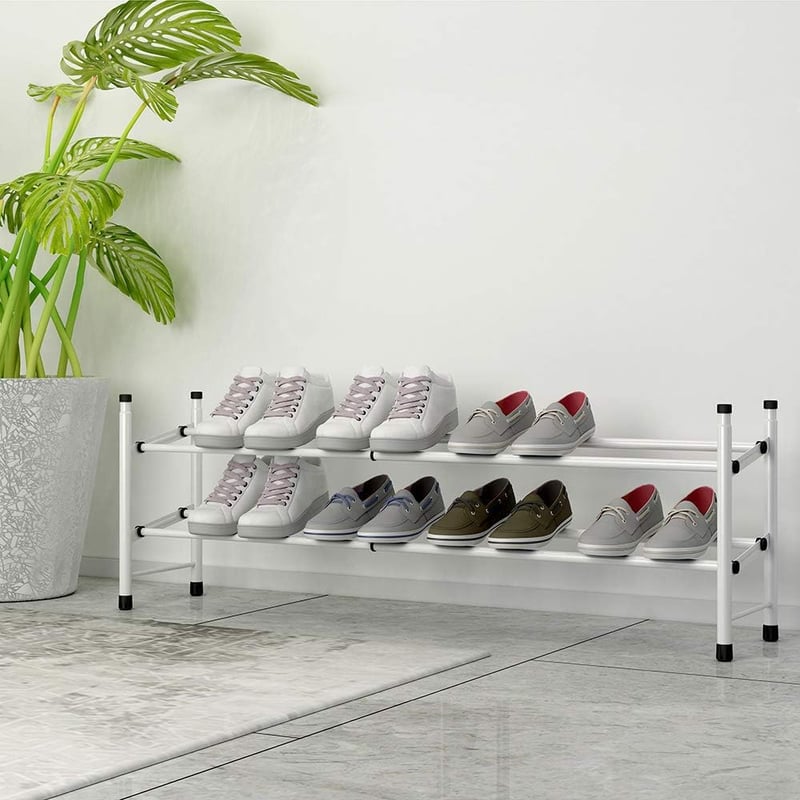 TZAMLI Bővíthető Cipőtartó Állvány 2 Szintes - 12 Pár Cipőnek, Állítható, Egymásra Rakható, Előszobába, 62-114 x 22 x 35 cm, Fehér