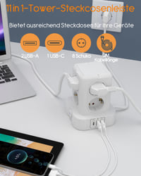 Turn de distribuție a energiei U-PTYTM cu protecție la supratensiune 3680W 16A - 8 prize Schuko și 3 porturi USB, multipriză turn pentru birou cu cablu prelungitor de 3 m pentru acasă 2