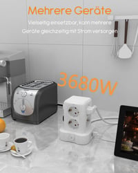 Turn de distribuție a energiei U-PTYTM cu protecție la supratensiune 3680W 16A - 8 prize Schuko și 3 porturi USB, multipriză turn pentru birou cu cablu prelungitor de 3 m pentru acasă 8