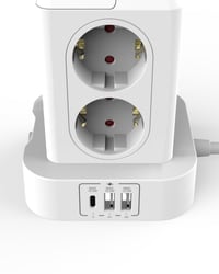 Turn de distribuție a energiei U-PTYTM cu protecție la supratensiune 3680W 16A - 8 prize Schuko și 3 porturi USB, multipriză turn pentru birou cu cablu prelungitor de 3 m pentru acasă 6