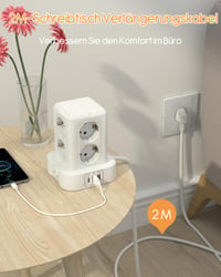 Turn de distribuție a energiei U-PTYTM cu protecție la supratensiune 3680W 16A - 8 prize Schuko și 3 porturi USB, multipriză turn pentru birou cu cablu prelungitor de 3 m pentru acasă 3