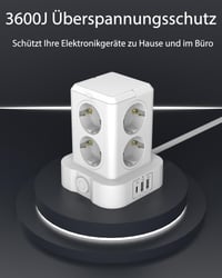 Turn de distribuție a energiei U-PTYTM cu protecție la supratensiune 3680W 16A - 8 prize Schuko și 3 porturi USB, multipriză turn pentru birou cu cablu prelungitor de 3 m pentru acasă 4