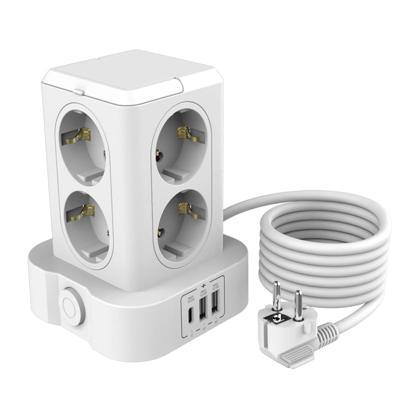 Turn de distribuție a energiei U-PTYTM cu protecție la supratensiune 3680W 16A - 8 prize Schuko și 3 porturi USB, multipriză turn pentru birou cu cablu prelungitor de 3 m pentru acasă