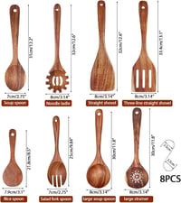 Set de 8 ustensile de gătit UBERMing din lemn de acacia, lingură pentru supă, servire salată, paste, orez, spumieră, cu cârlige în formă de S, durabil, antibacterian 2