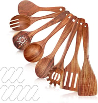 Set de 8 ustensile de gătit UBERMing din lemn de acacia, lingură pentru supă, servire salată, paste, orez, spumieră, cu cârlige în formă de S, durabil, antibacterian 1