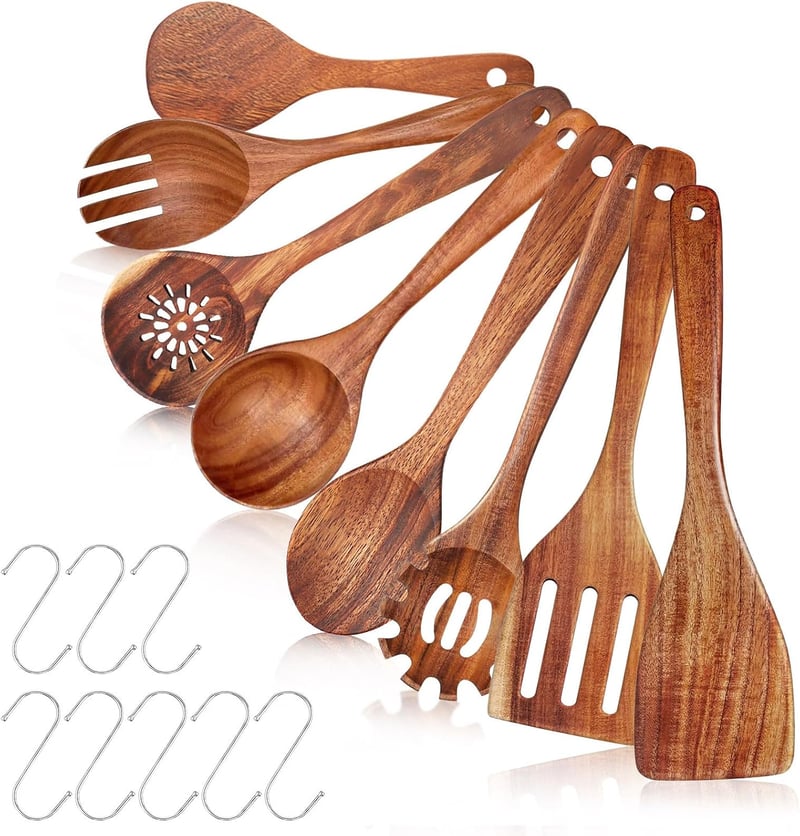 Set de 8 ustensile de gătit UBERMing din lemn de acacia, lingură pentru supă, servire salată, paste, orez, spumieră, cu cârlige în formă de S, durabil, antibacterian