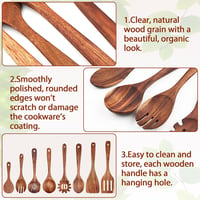 Set de 8 ustensile de gătit UBERMing din lemn de acacia, lingură pentru supă, servire salată, paste, orez, spumieră, cu cârlige în formă de S, durabil, antibacterian 4