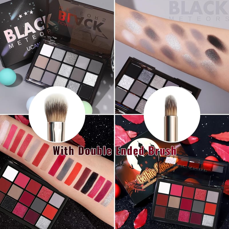 UCANBE Halloween Szemhéjpúder Paletta Fekete Piros Shimmer Matte Smoky Szemfesték Kefe Szett