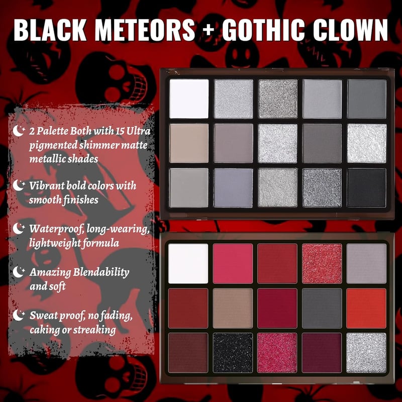 UCANBE Halloween Szemhéjpúder Paletta Fekete Piros Shimmer Matte Smoky Szemfesték Kefe Szett