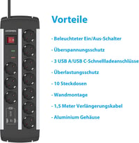 UCOMEN 10-es elosztó USB-C PD 20 W túlfeszültség-védelemmel TÜV/GS 16 A - 1,5 m kábel 3