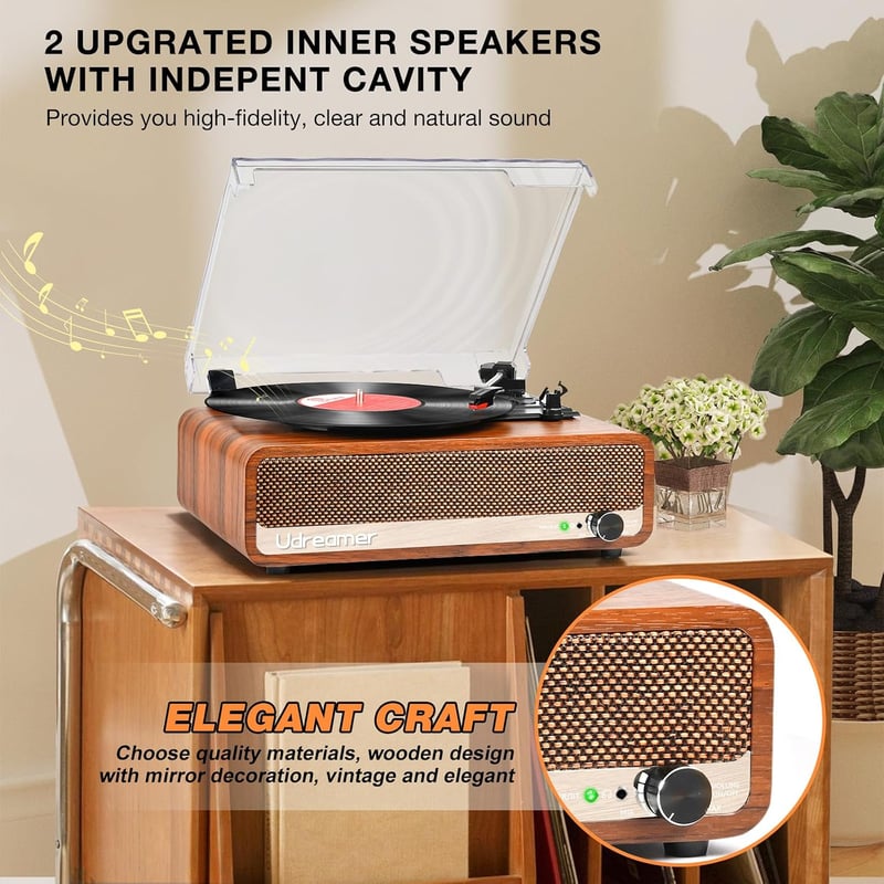 Udreamer Bluetooth lemezjátszó hangszóróval vintage tükör dizájn 3 sebesség USB AUX RCA Line Out fejhallgatóhoz Orange Yellow