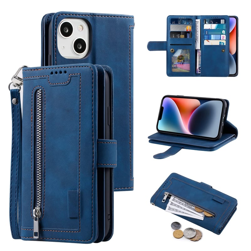UEEBAI vintage rozopínacie puzdro na iPhone 13 Mini z PU kože s peňaženkou a 9 priehradkami na karty – modré