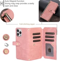 UEEBAI iPhone 13 Pro Max Retro Bőr Pénztárca Tok - 9 Kártyatartó, Cipzáros Zseb, Kitámasztható, Csuklópánt, Mágneses Záródás, Vintage Rózsaa 4