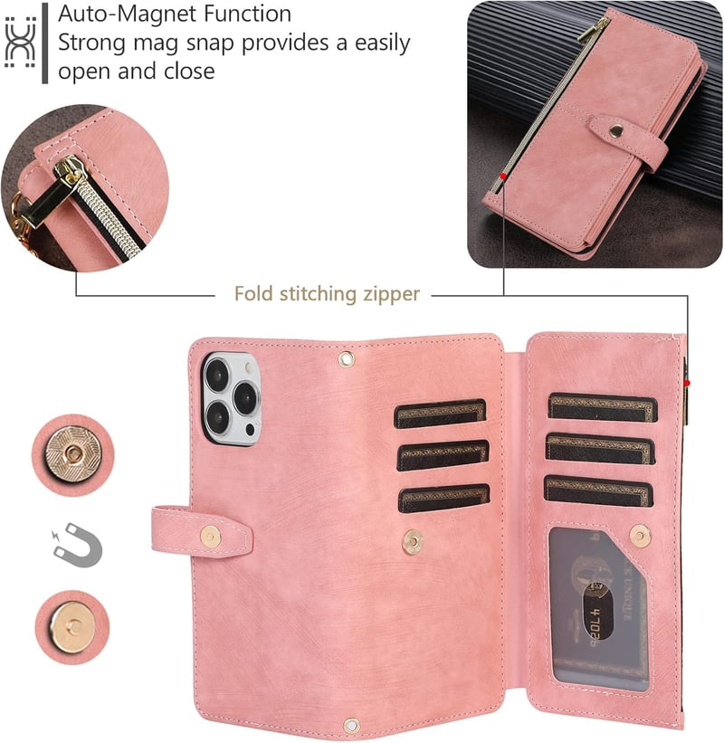UEEBAI iPhone 13 Pro Max Retro Bőr Pénztárca Tok - 9 Kártyatartó, Cipzáros Zseb, Kitámasztható, Csuklópánt, Mágneses Záródás, Vintage Rózsaa