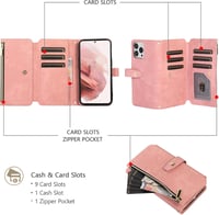 UEEBAI iPhone 13 Pro Max Retro Bőr Pénztárca Tok - 9 Kártyatartó, Cipzáros Zseb, Kitámasztható, Csuklópánt, Mágneses Záródás, Vintage Rózsaa 2