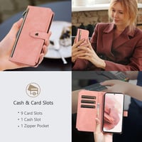UEEBAI iPhone 13 Pro Max Retro Bőr Pénztárca Tok - 9 Kártyatartó, Cipzáros Zseb, Kitámasztható, Csuklópánt, Mágneses Záródás, Vintage Rózsaa 6