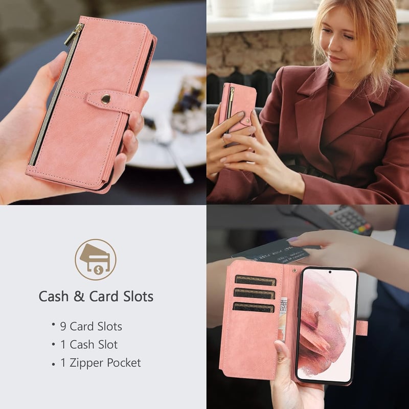 UEEBAI iPhone 13 Pro Max Retro Bőr Pénztárca Tok - 9 Kártyatartó, Cipzáros Zseb, Kitámasztható, Csuklópánt, Mágneses Záródás, Vintage Rózsaa