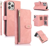 UEEBAI iPhone 13 Pro Max Retro Bőr Pénztárca Tok - 9 Kártyatartó, Cipzáros Zseb, Kitámasztható, Csuklópánt, Mágneses Záródás, Vintage Rózsaa 1