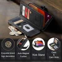 UEEBAI iPhone 15 Pro Max Tok 6.7" Retro Bőr Flip Telefontok Mágneses Zárással Kártyatartó Állvány Funkció Csuklópánt Fekete 5