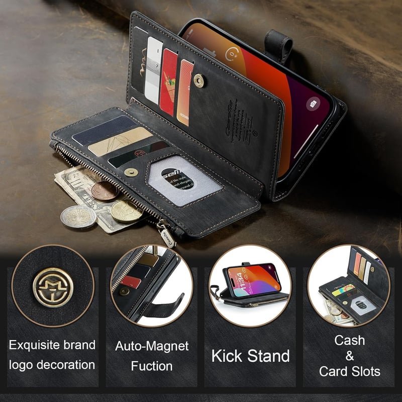 UEEBAI iPhone 15 Pro Max Tok 6.7" Retro Bőr Flip Telefontok Mágneses Zárással Kártyatartó Állvány Funkció Csuklópánt Fekete