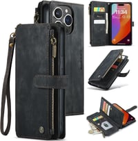 UEEBAI iPhone 15 Pro Max Tok 6.7" Retro Bőr Flip Telefontok Mágneses Zárással Kártyatartó Állvány Funkció Csuklópánt Fekete 1