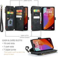 UEEBAI iPhone 15 Pro Max Tok 6.7" Retro Bőr Flip Telefontok Mágneses Zárással Kártyatartó Állvány Funkció Csuklópánt Fekete 3