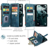 UEEBAI iPhone 16 Pro Tok Retro Cipzáras Bőr Flip Telefontok Mágneses Zárás Kártyatartó Állvány Pénztárca Kék 2