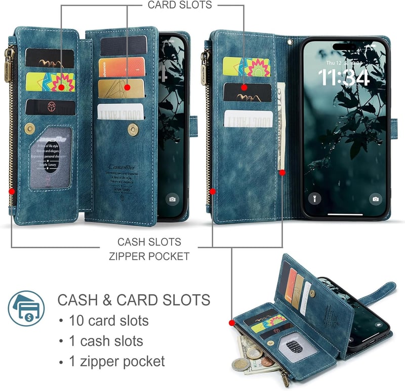 UEEBAI iPhone 16 Pro Tok Retro Cipzáras Bőr Flip Telefontok Mágneses Zárás Kártyatartó Állvány Pénztárca Kék