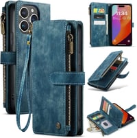 UEEBAI iPhone 16 Pro Tok Retro Cipzáras Bőr Flip Telefontok Mágneses Zárás Kártyatartó Állvány Pénztárca Kék 1