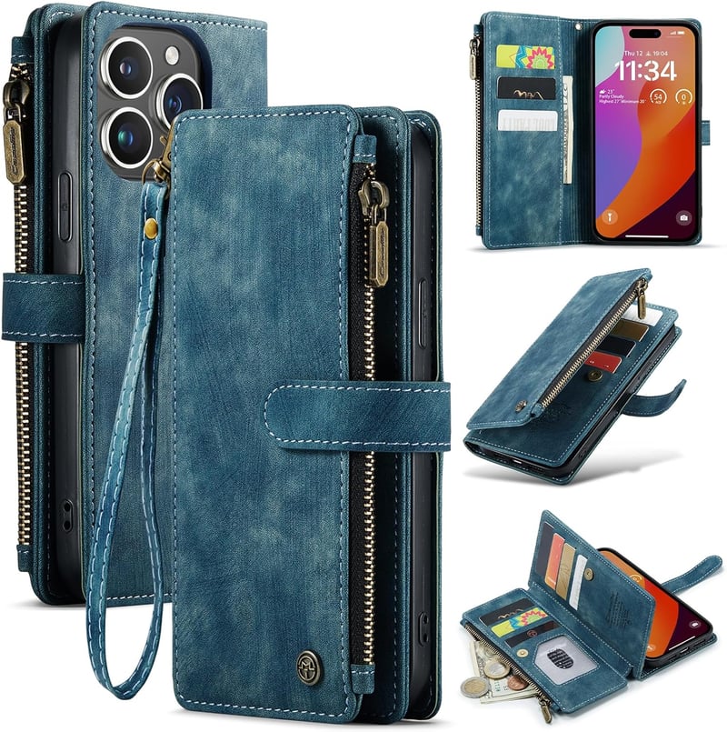 UEEBAI iPhone 16 Pro Tok Retro Cipzáras Bőr Flip Telefontok Mágneses Zárás Kártyatartó Állvány Pénztárca Kék