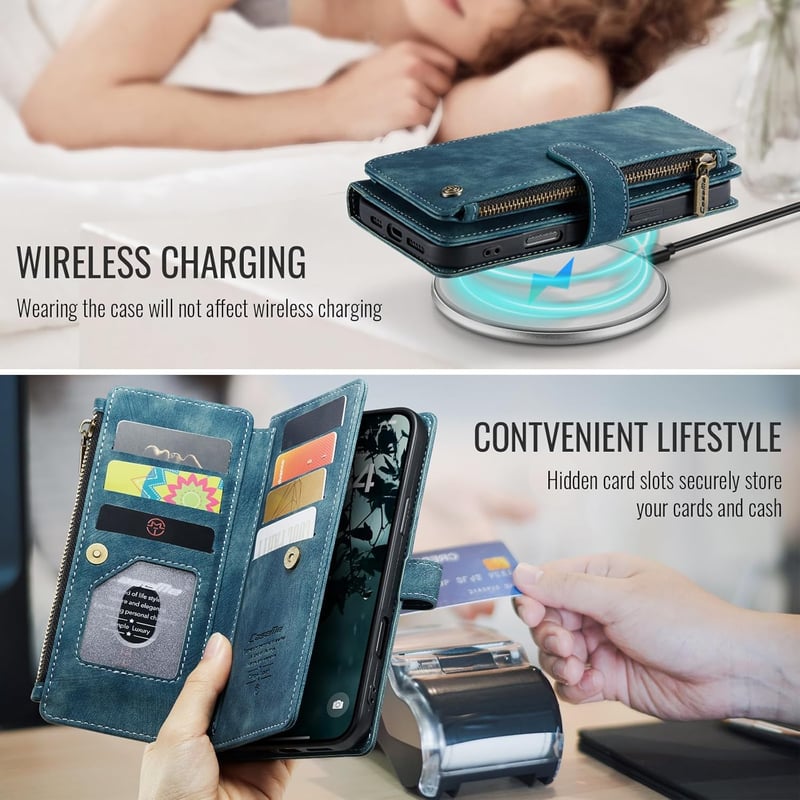 UEEBAI iPhone 16 Pro Tok Retro Cipzáras Bőr Flip Telefontok Mágneses Zárás Kártyatartó Állvány Pénztárca Kék