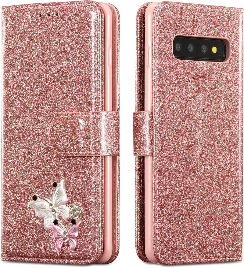 UEEBAI PU Bőr Flip Tok Samsung Galaxy S10 Plus Telefonhoz - 3D Pillangó Mintás Csillogó Kártyatartós Védőtok Állvánnyal, Rózsaarany

AI: I'v