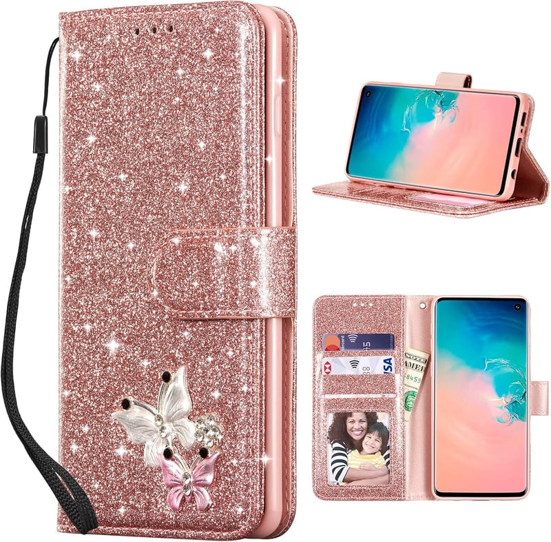 UEEBAI PU Bőr Flip Tok Samsung Galaxy S10 Plus Telefonhoz - 3D Pillangó Mintás Csillogó Kártyatartós Védőtok Állvánnyal, Rózsaarany

AI: I'v