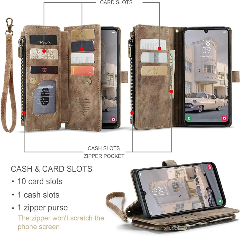 UEEBAI Samsung Galaxy A34 5G Tok Barna Retro Zipzáras Flip Telefontok Mágneses Zárral Kártyatartóval Állvánnyal PU Bőr Pénztárca Csuklópántt
