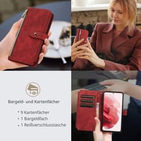 Puzdro UEEBAI pre Samsung Galaxy S22 Ultra 5G, retro kožené vyklápacie peňaženkové puzdro vo farbe bordó s 9 priehradkami na karty, popruhom cez rameno, remienkom na zápästie a stojanom 6