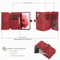 Puzdro UEEBAI pre Samsung Galaxy S22 Ultra 5G, retro kožené vyklápacie peňaženkové puzdro vo farbe bordó s 9 priehradkami na karty, popruhom cez rameno, remienkom na zápästie a stojanom 2