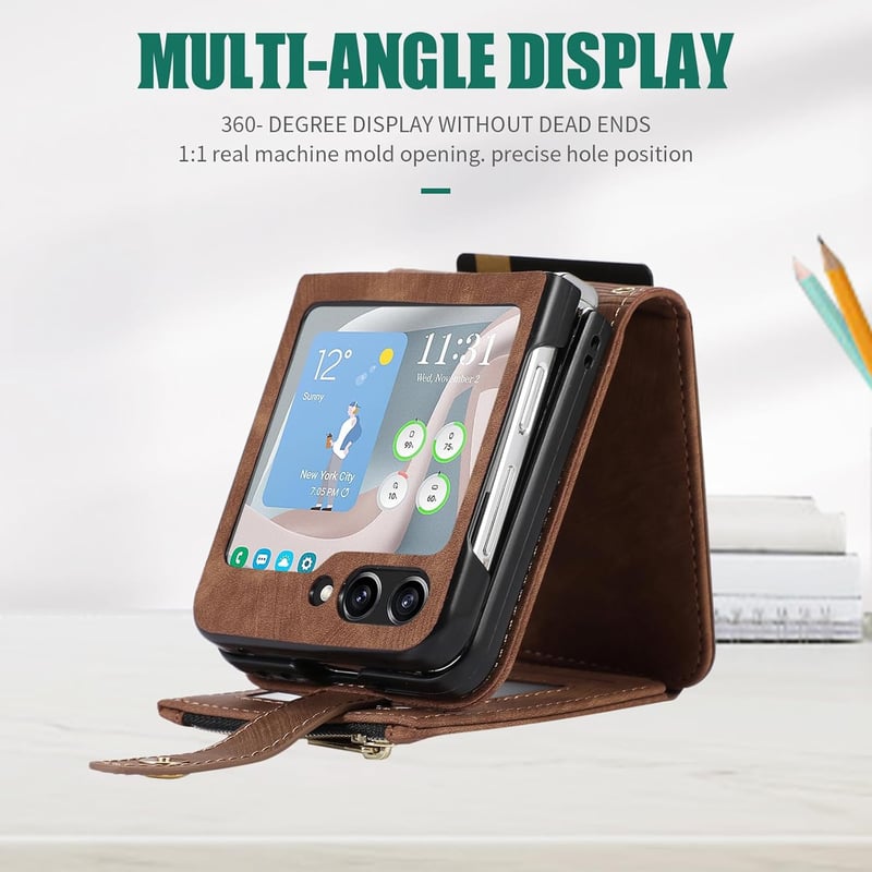 UEEBAI Samsung Galaxy Z Flip 5 5G Bőr Flip Tok 3 Kártyatartóval, Váll- és Csuklópánttal, Állvány Funkcióval - Barna