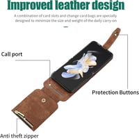 UEEBAI Samsung Galaxy Z Flip 5 5G Bőr Flip Tok 3 Kártyatartóval, Váll- és Csuklópánttal, Állvány Funkcióval - Barna 4