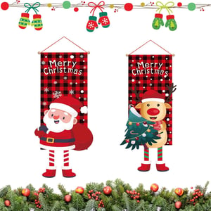 Vianočná záhradná vlajka UFURMATE, Santa Claus a sob, červeno-čierna kockovaná – 2 ks