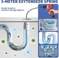 UGBO lefolyótisztító spirál 10 mm x 3 m lefolyócső tisztítószár mosogatóhoz fúró adapterrel 2
